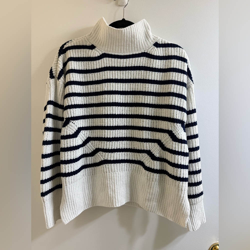 Crown & Ivy Navy and White Striped Turtleneck Sweater Size S - Picture 2 of 5